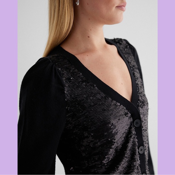 NWT Express Black Sequin Button Front Cardigan - Picture 2 of 15